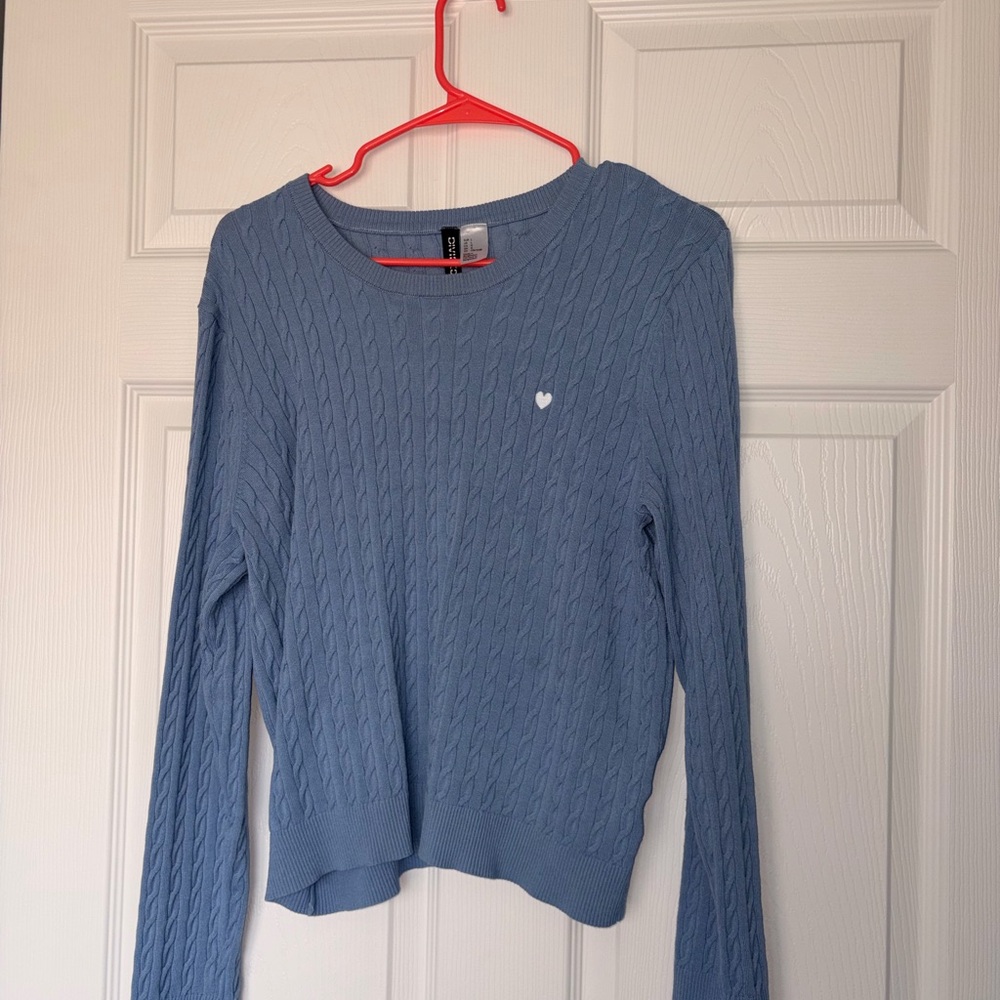 H&M Light Blue Cable Knit Sweater with Heart Accent